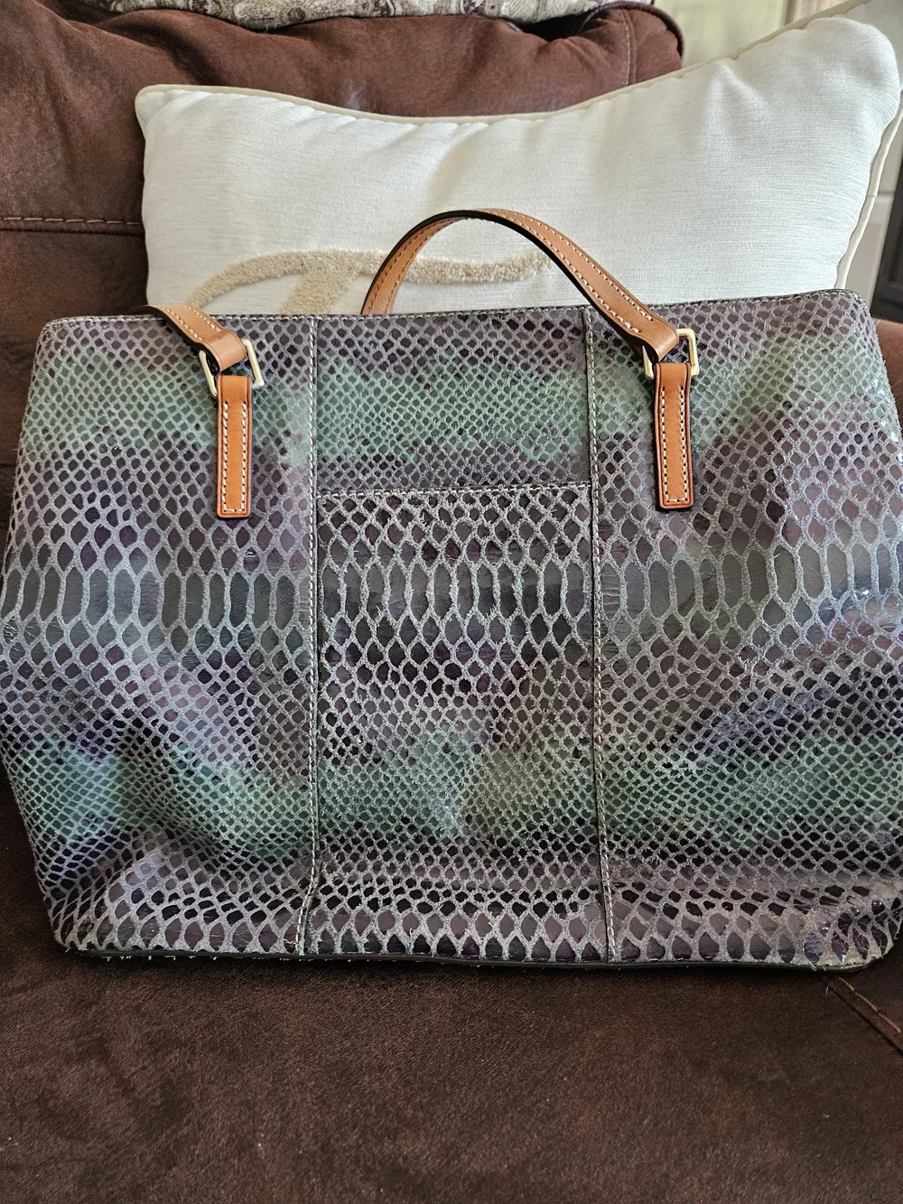 Snake-Print Top-Handle Tote in Green and Brown